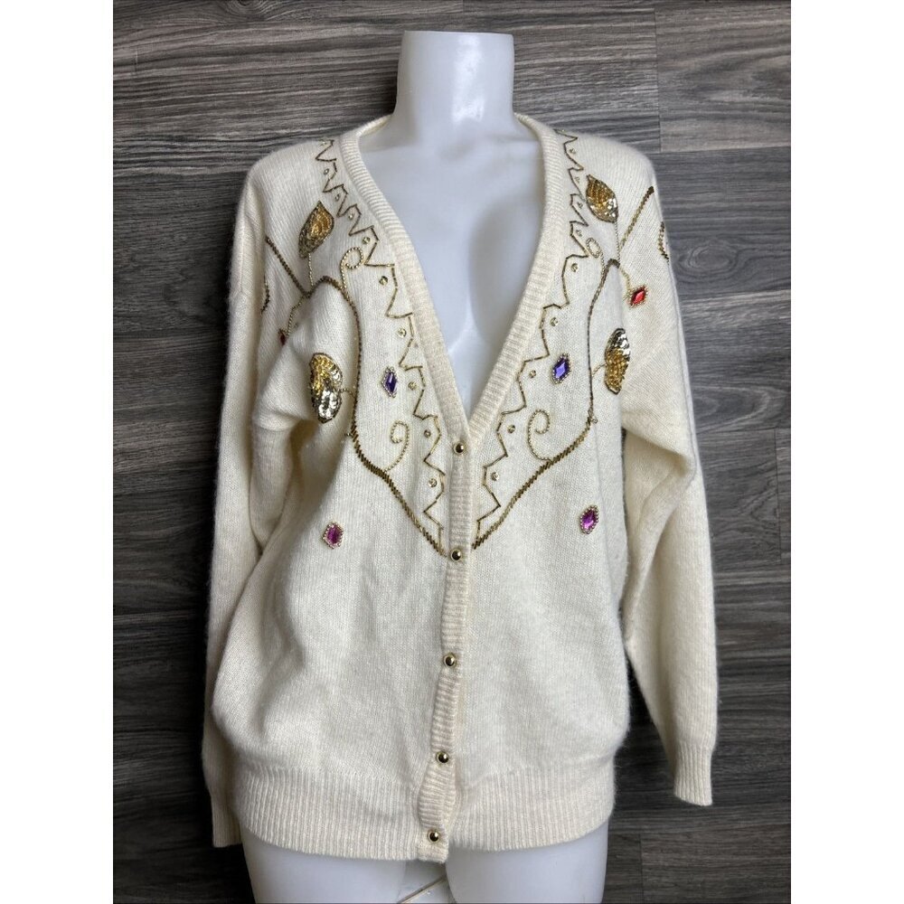 Vtg Braemar By Jeremy Scott Will Angora Blend Rhinestone Cardigan Grannycore